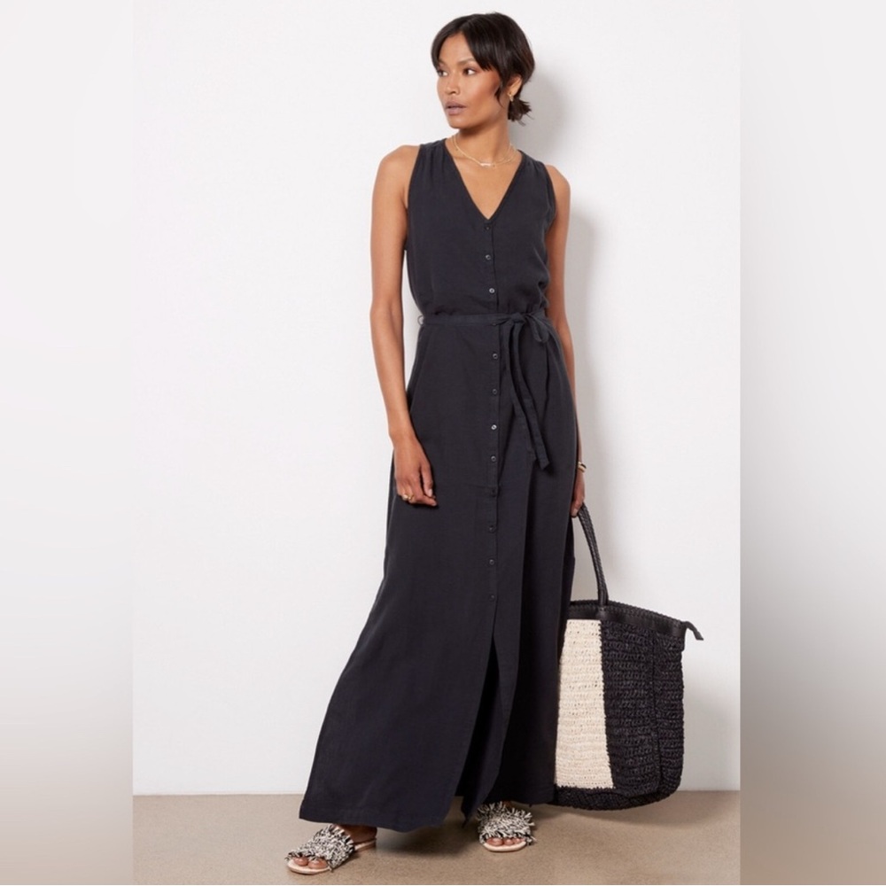 Splendid Black Button-Front Maxi Dress with Waist Tie